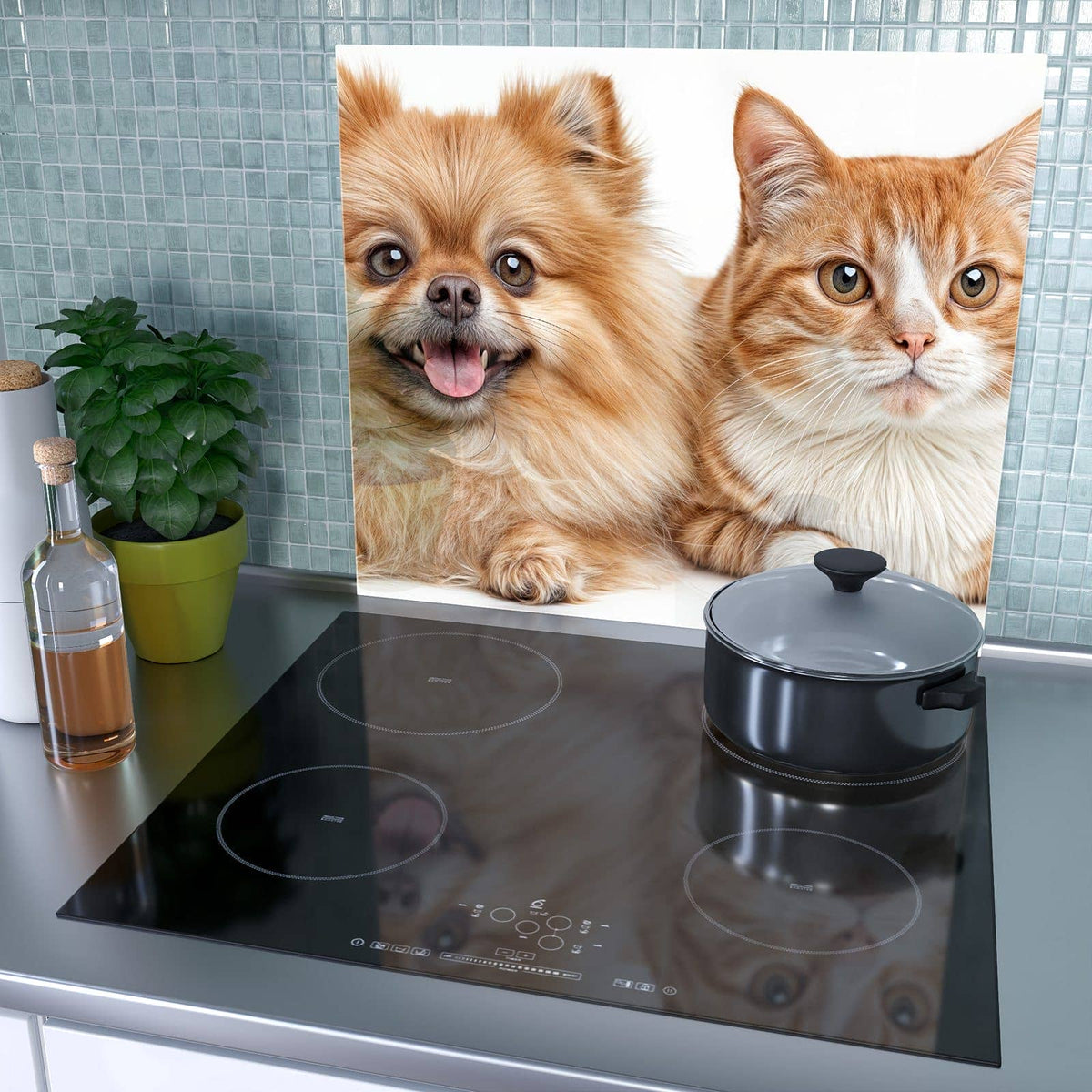 1-teilige Herdabdeckplatten aus Glas mit Hund und Katze-Motiv als Spritzschutz hinter dem Kochfeld