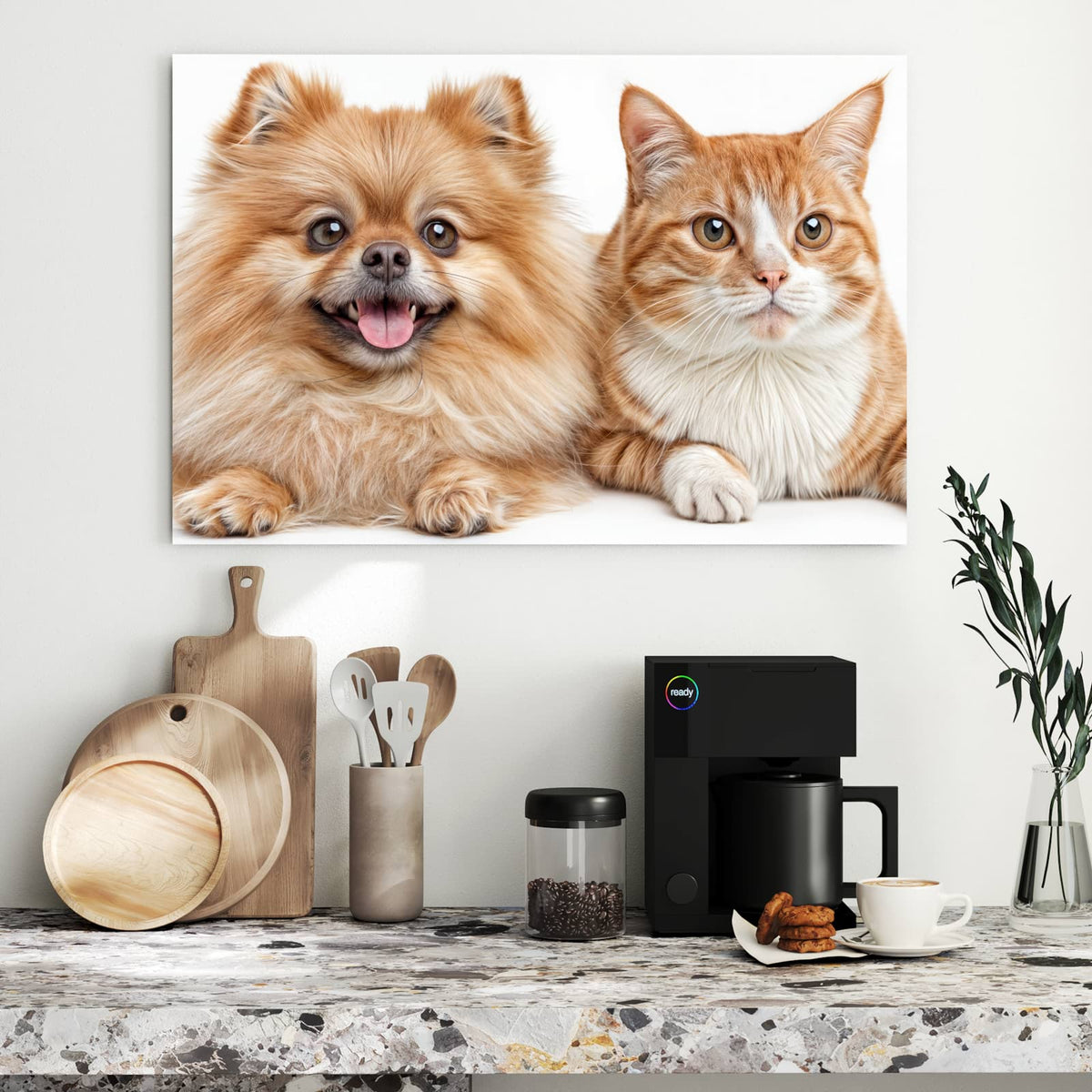 Metall Magnettafel - Spitz und Katze – Orange Katze neben kleinem Hund