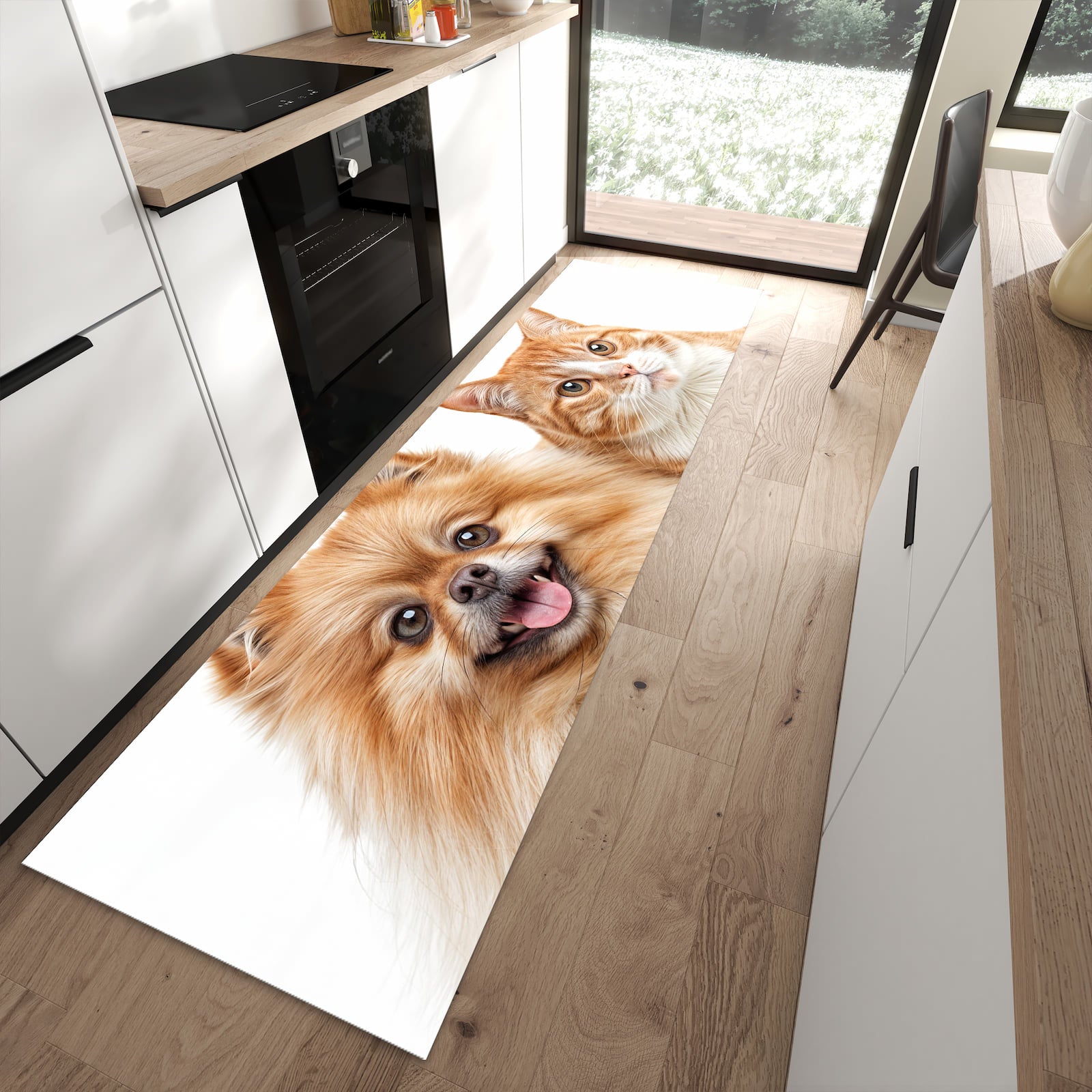 Küchenläufer mit Motiv Hund und Katze für Ordnung im Eingangsbereich moderner Küche