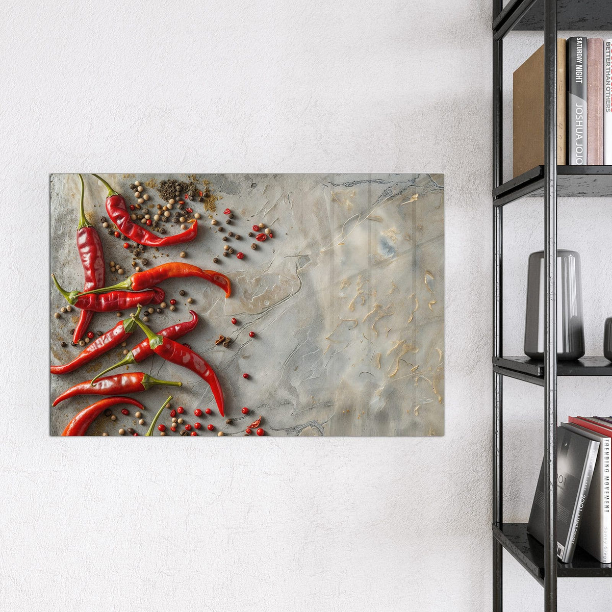 Magnettafel - Chilis mit Pfeffer – Rote Chilis zwischen bunten Pfefferkörnern