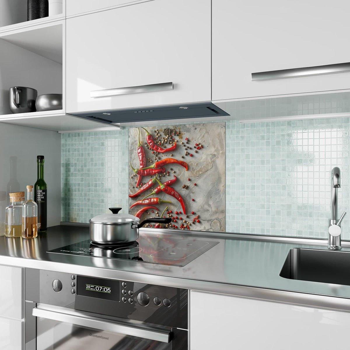 Küchenrückwand aus Glas Chilis mit Pfeffer im quadratischen Format als Spritzschutz hinter dem Kochfeld, über dem Fliesenspiegel montiert
