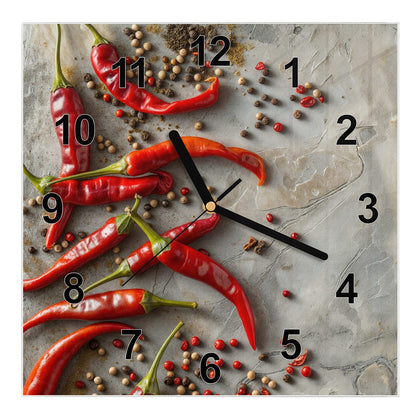 Wanduhr Quadratisch mit dem Motiv Chilis mit Pfeffer