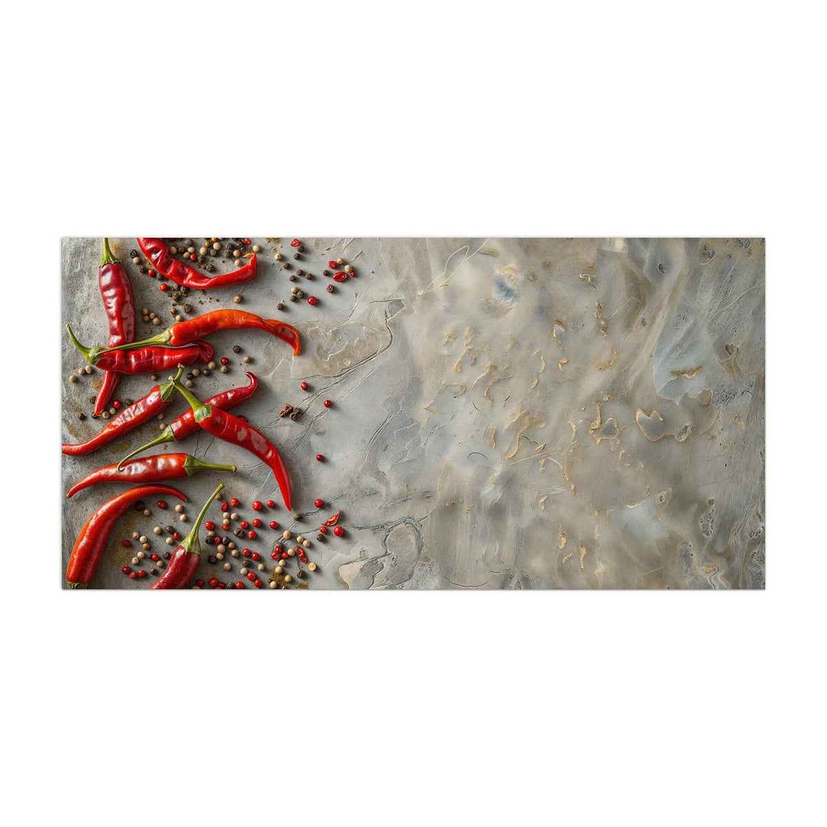 Küchenrückwand aus Glas Chilis mit Pfeffer im Hochformat, Motiv bildfüllend von vorn