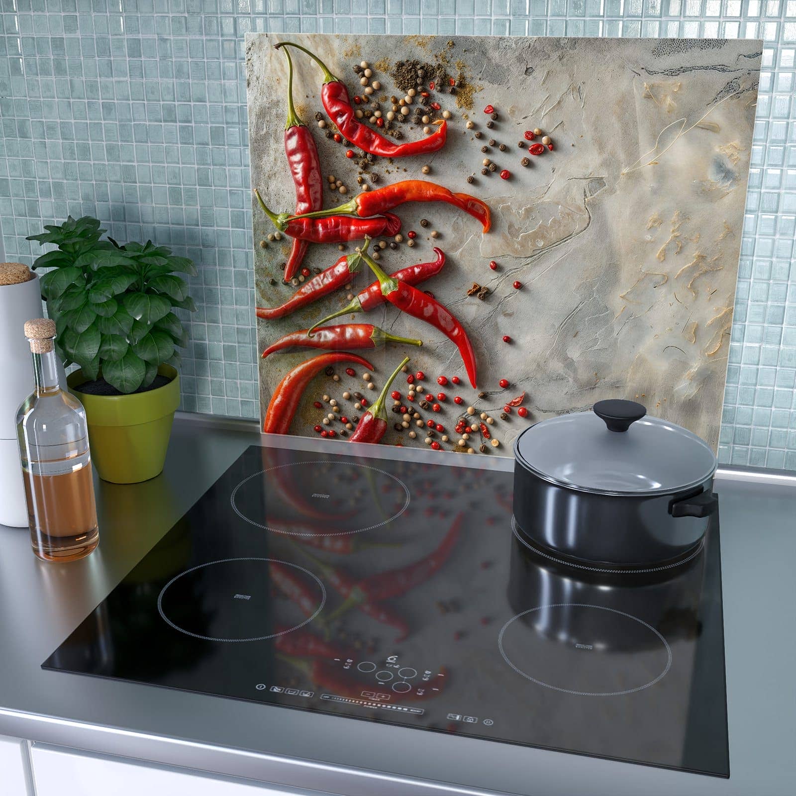 1-teilige Herdabdeckplatte aus Glas mit Chili Schoten-Motiv als Spritzschutz hinter dem Kochfeld