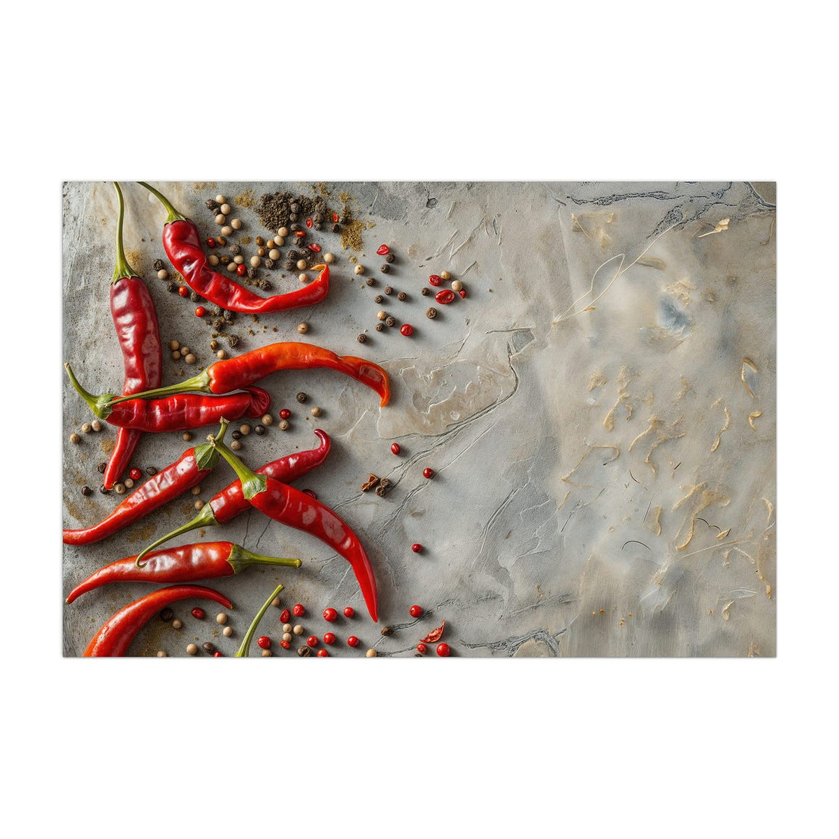 Küchenrückwand aus Glas Chilis mit Pfeffer im Hochformat, Motiv bildfüllend von vorn
