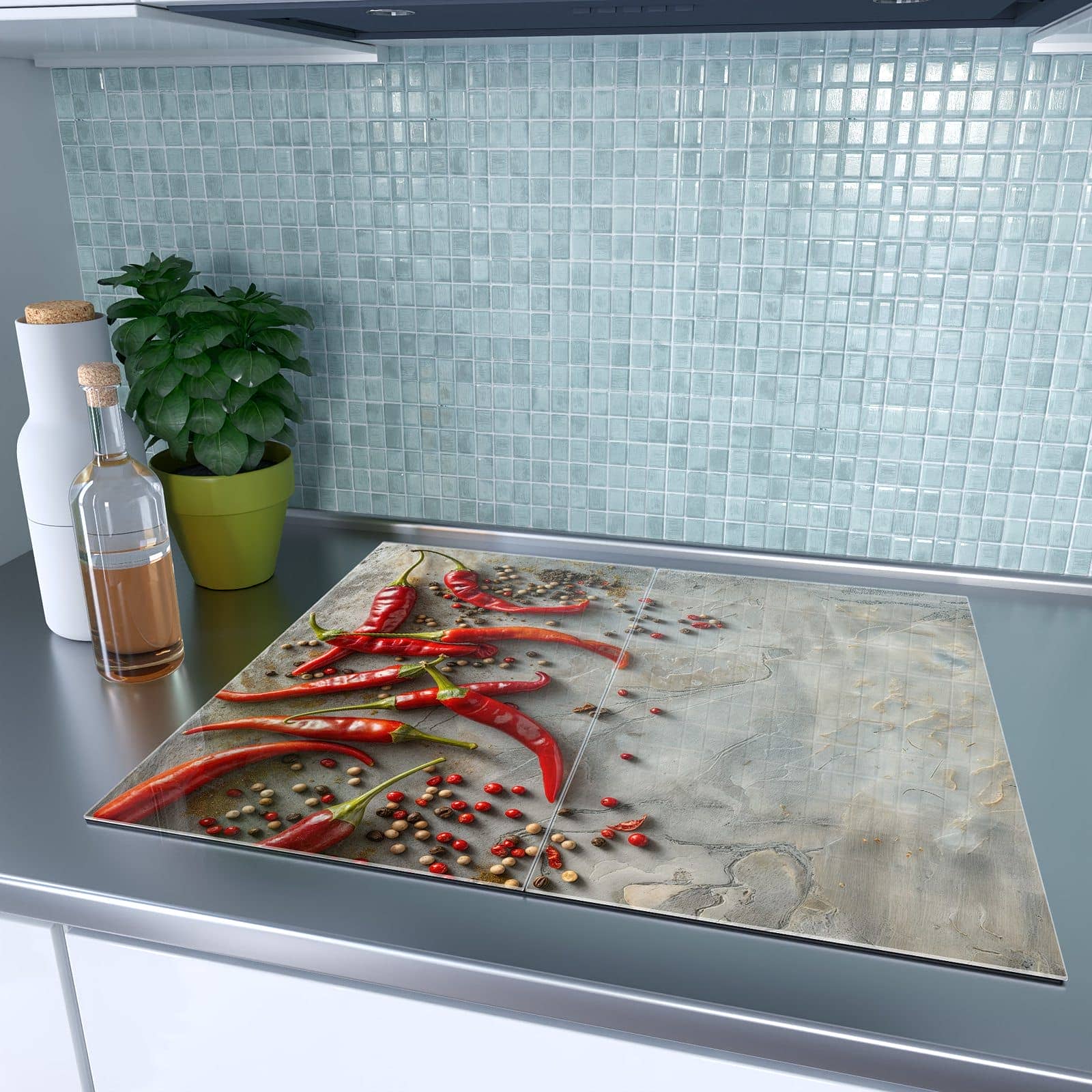 2-teilige Herdabdeckplatte mit Chili Schoten-Motiv auf dem Ceranfeld