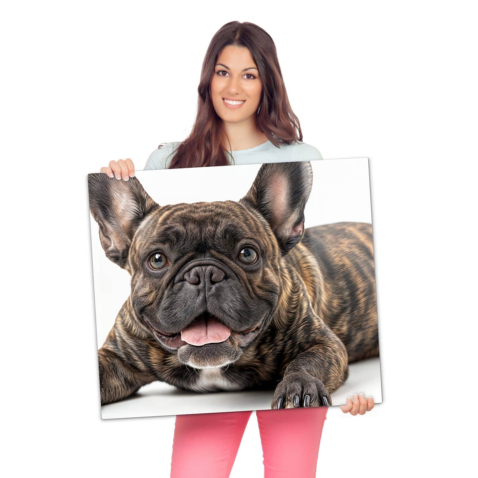Abdeckplatten für Ceranfeld mit Französische Bulldogge Porträt-Motiv wird zur Größendarstellung gehalten