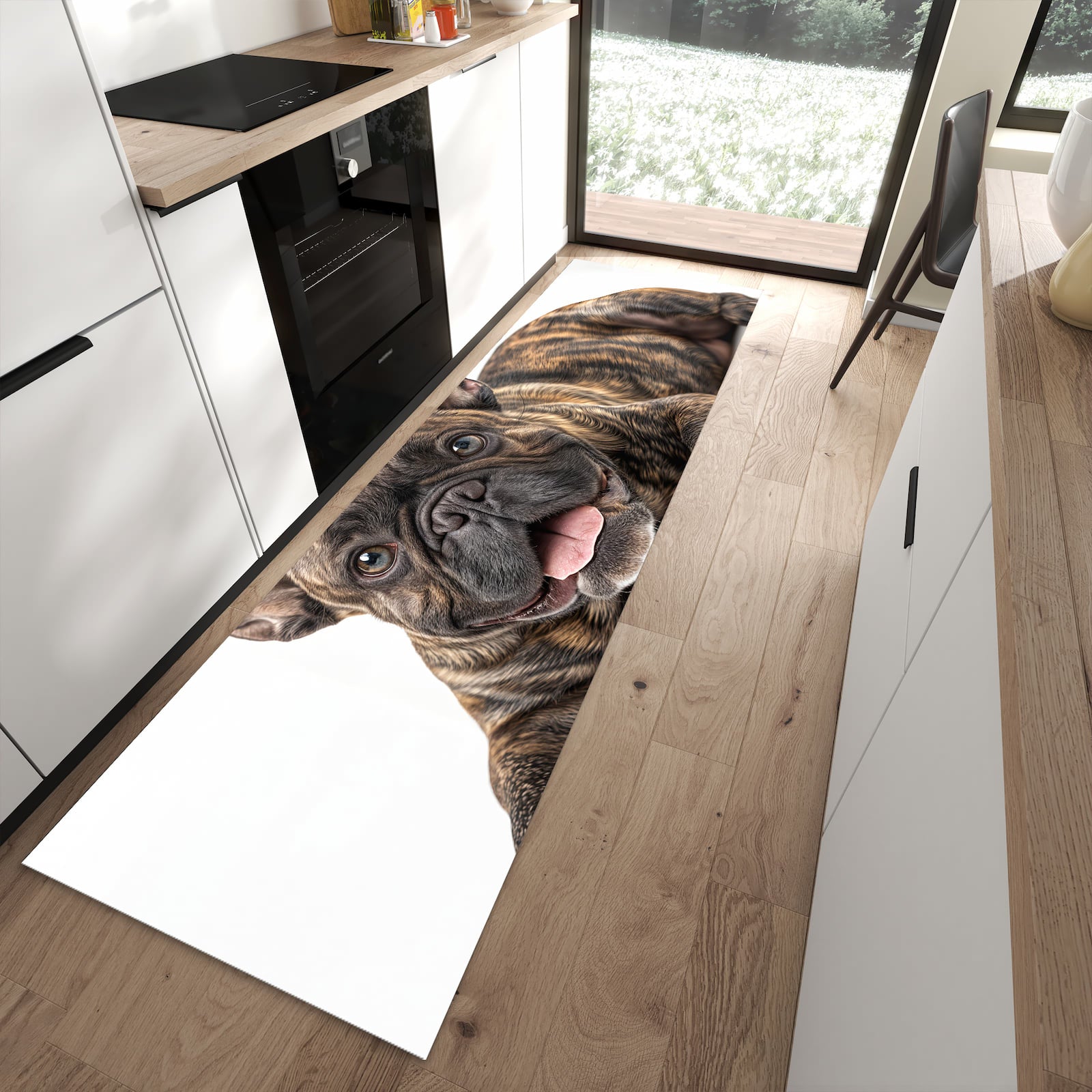Farbbeständiger Küchenläufer mit Motiv Bulldogge von Französische in moderner Küche