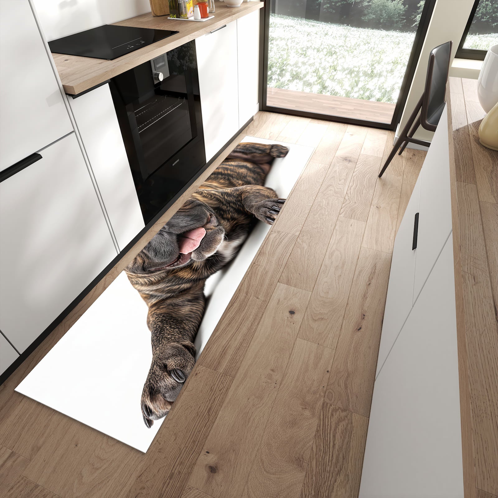 Langlebiger Küchenläufer mit Motiv Bulldogge von Französische in moderner Küche