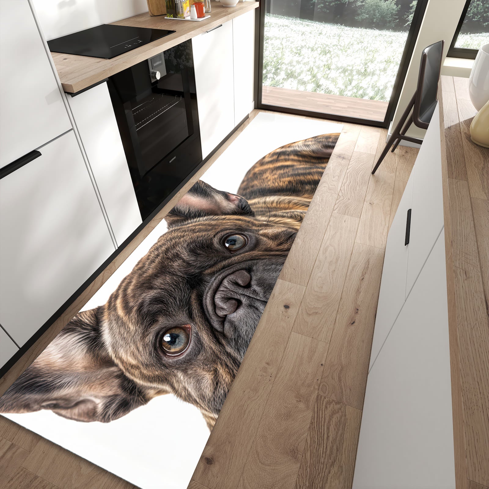 Formstabiler Küchenläufer nach Maß mit Motiv Bulldogge von Französische in moderner Küche