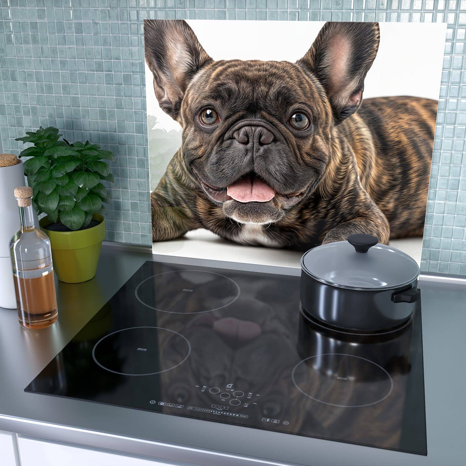 1-teilige Herdabdeckplatte mit Französische Bulldogge Porträt-Motiv als Spritzschutz hinter dem Kochfeld