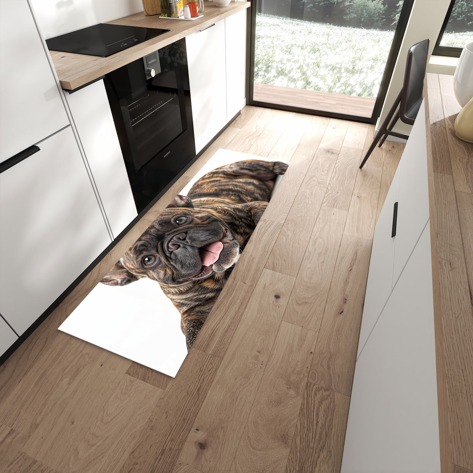 Waschbarer Küchenläufer mit Motiv Bulldogge von Französische in moderner Küche