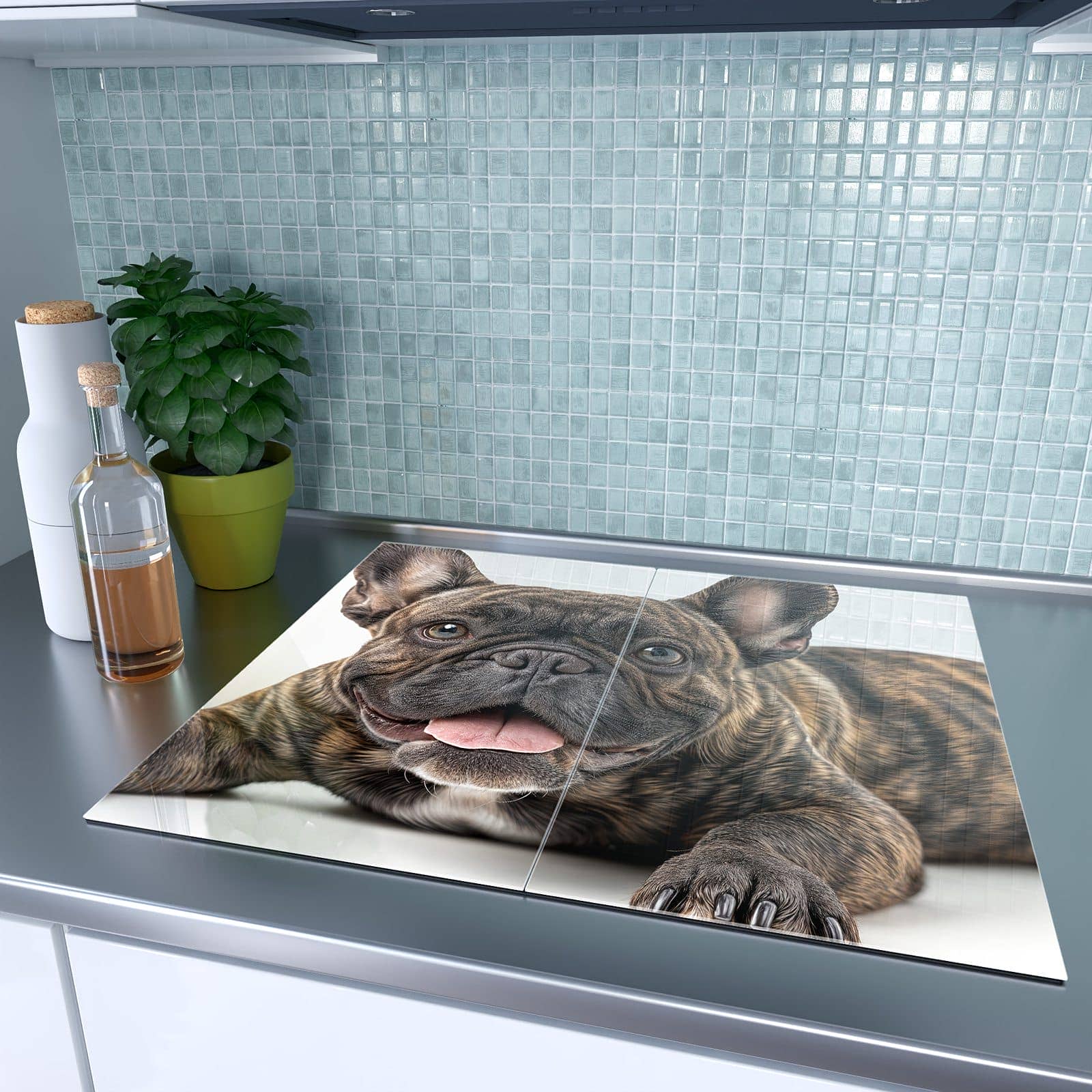 2-teilige Abdeckplatten für Herd mit Französische Bulldogge Porträt-Motiv auf dem Ceranfeld