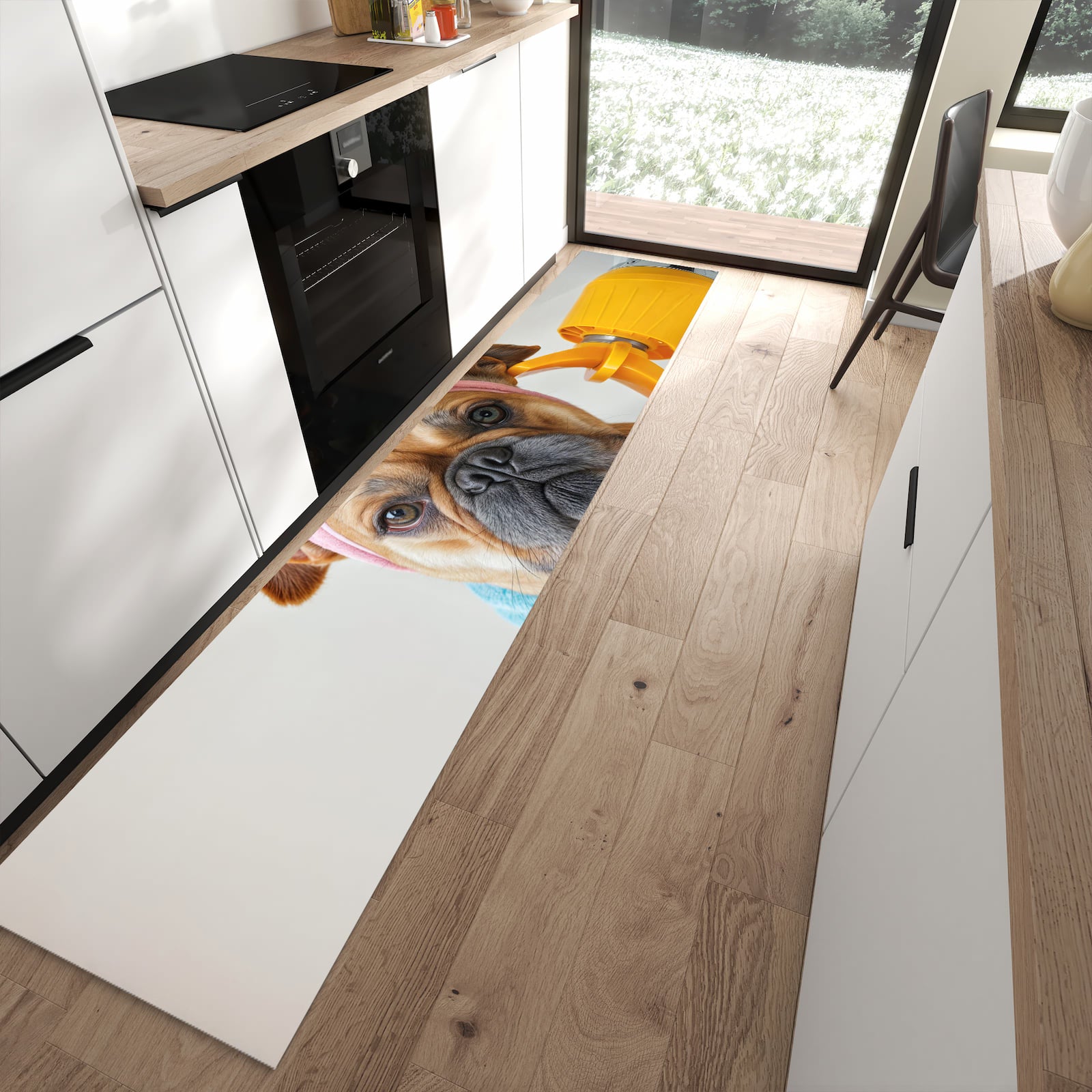 Geruchsneutraler waschbarer Küchenteppich mit Motiv Hund mit Badehandtuch in moderner Küche