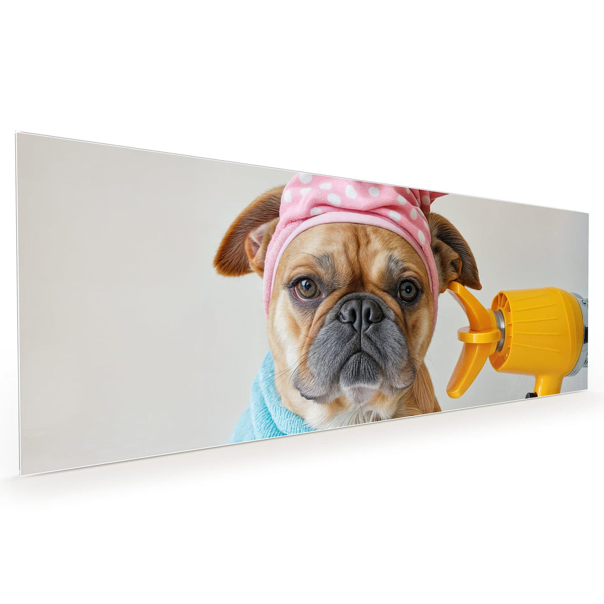 Küchenrückwand aus Glas im Hochformat mit Motiv Hund im Bademantel: Bulldogge im hellblauen Bademantel mit rosa Punkte-Haube, gelbem Föhn und Bürste