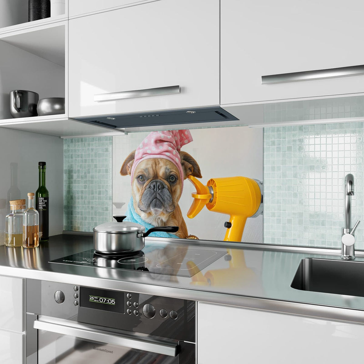Küchenrückwand aus Glas Hund im Bademantel im Hochformat als Spritzschutz hinter dem Kochfeld, über dem Fliesenspiegel montiert