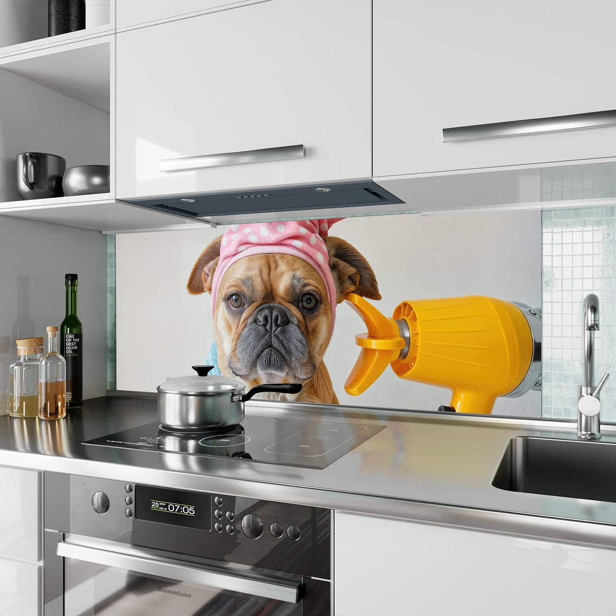 Küchenrückwand aus Glas Hund im Bademantel im Hochformat als Spritzschutz hinter dem Kochfeld, über dem Fliesenspiegel montiert