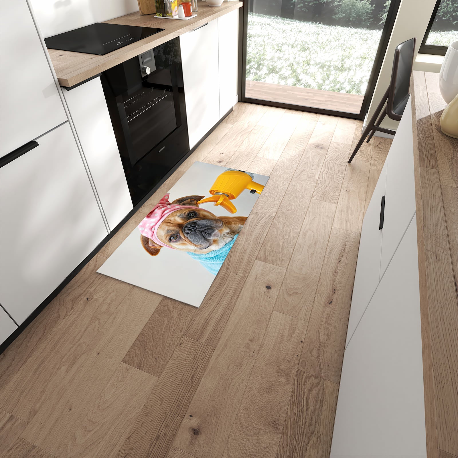 UV-beständiger waschbarer Teppich für Esstisch mit Motiv Hund mit Badehandtuch in moderner Küche #grösse_60 x 120 cm