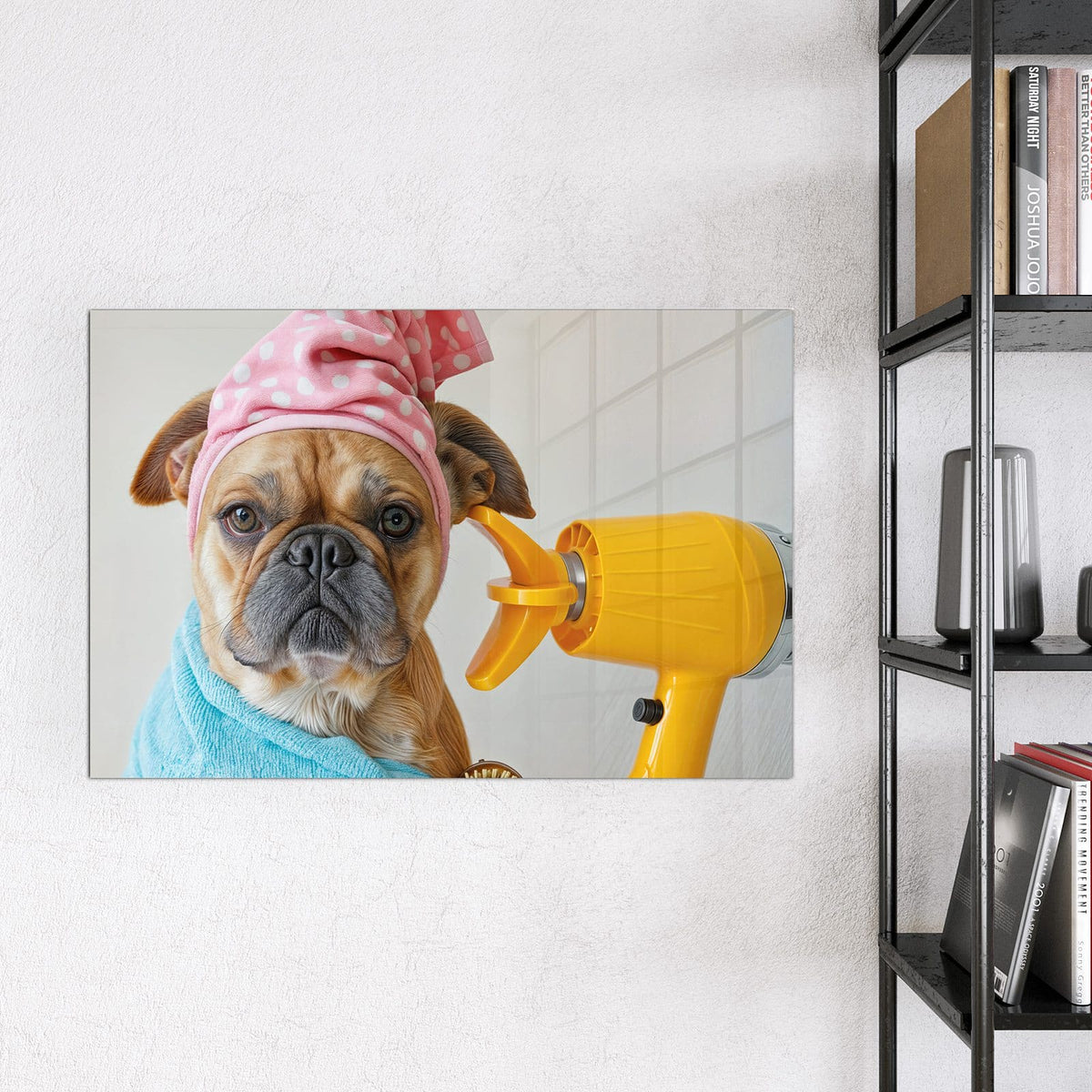 Magnettafel - Hund im Bademantel – Hund im Bademantel mit Föhn