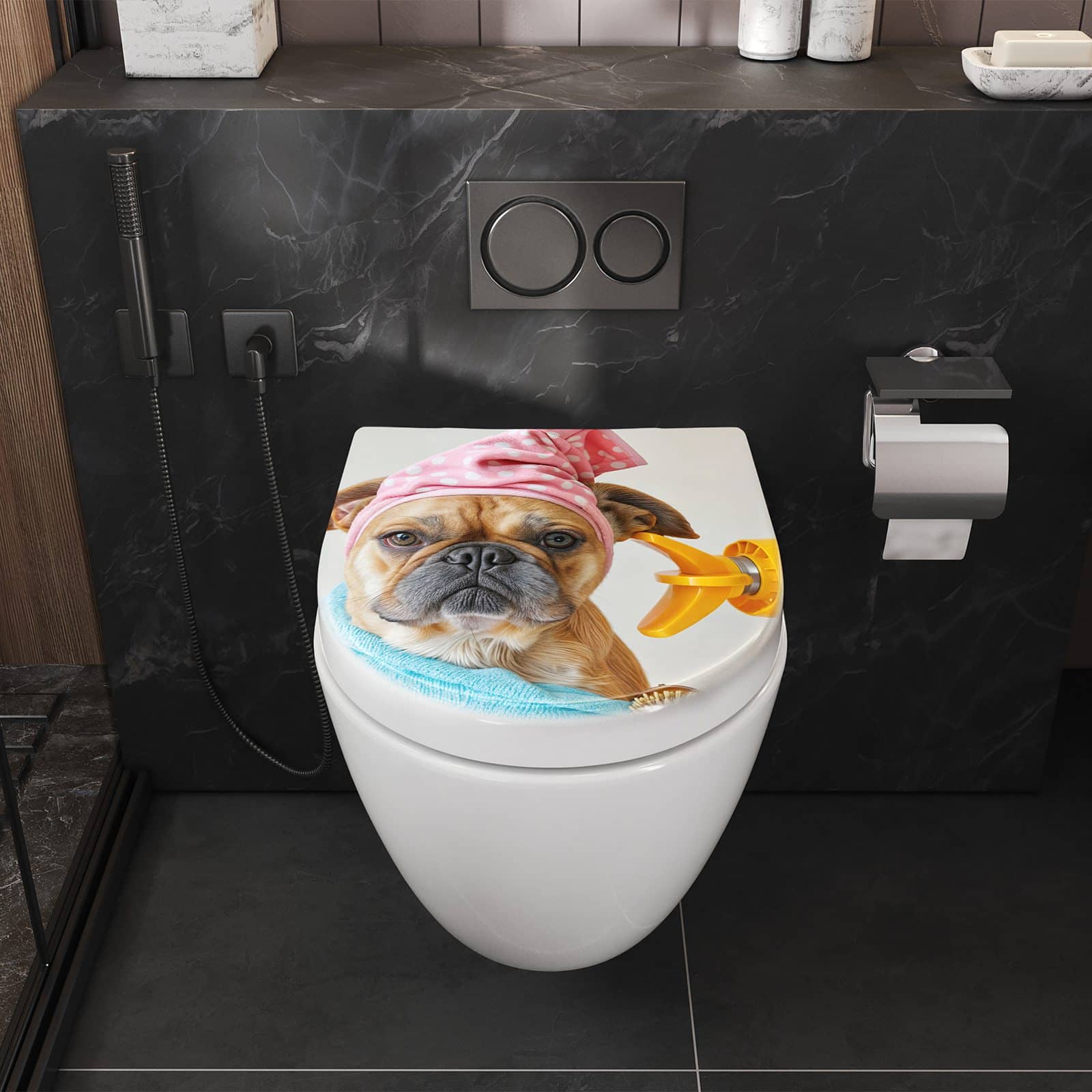 WC-Sitz mit Absenkautomatik Hund mit Badehandtuch