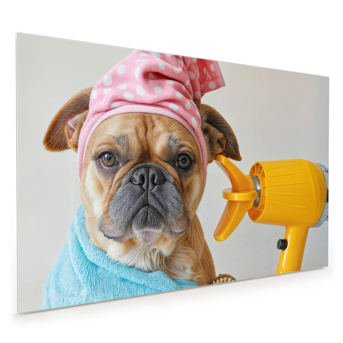 Küchenrückwand aus Glas im Hochformat mit Motiv Hund im Bademantel: Bulldogge im hellblauen Bademantel mit rosa Punkte-Haube, gelbem Föhn und Bürste