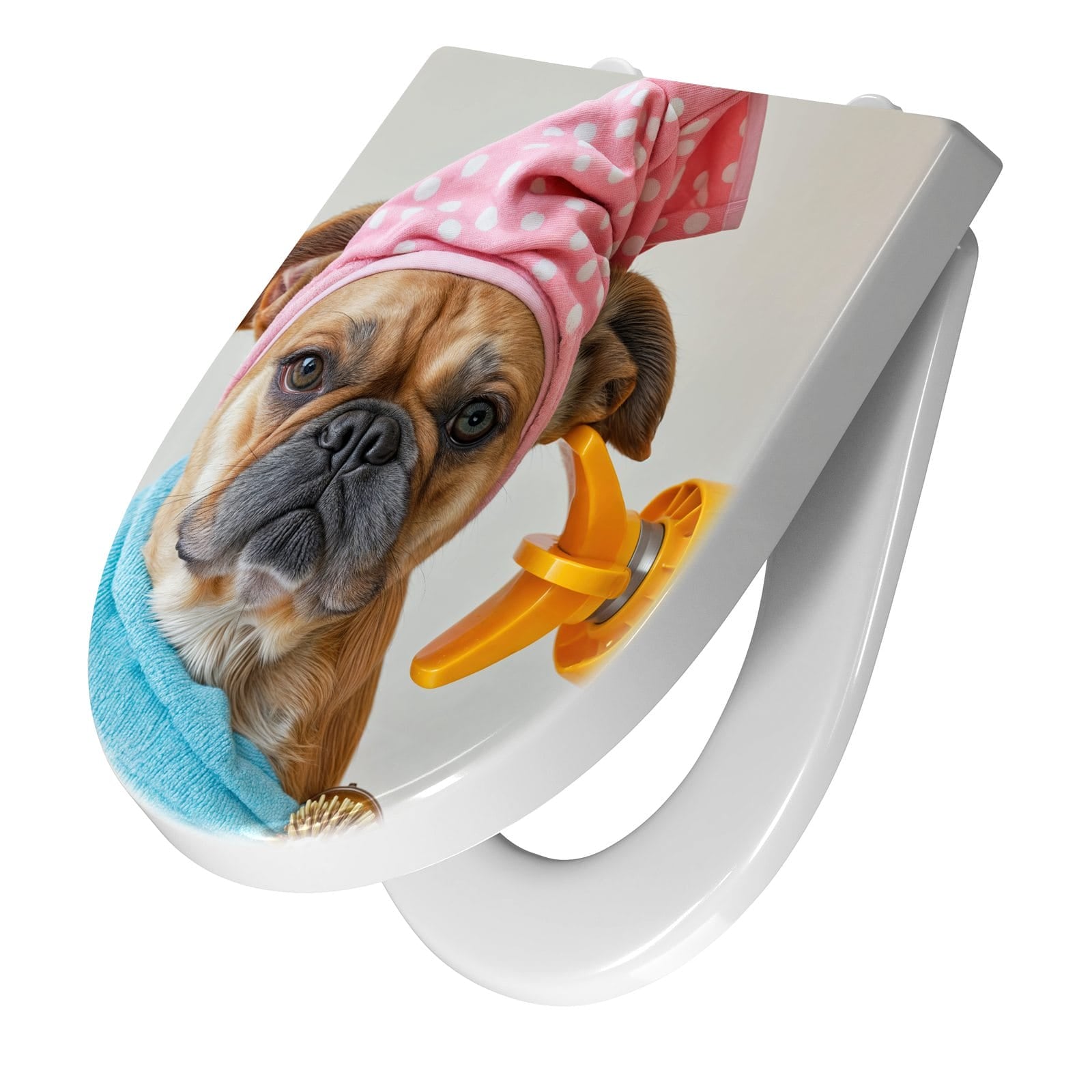 WC-Sitz mit Absenkautomatik Hund mit Badehandtuch
