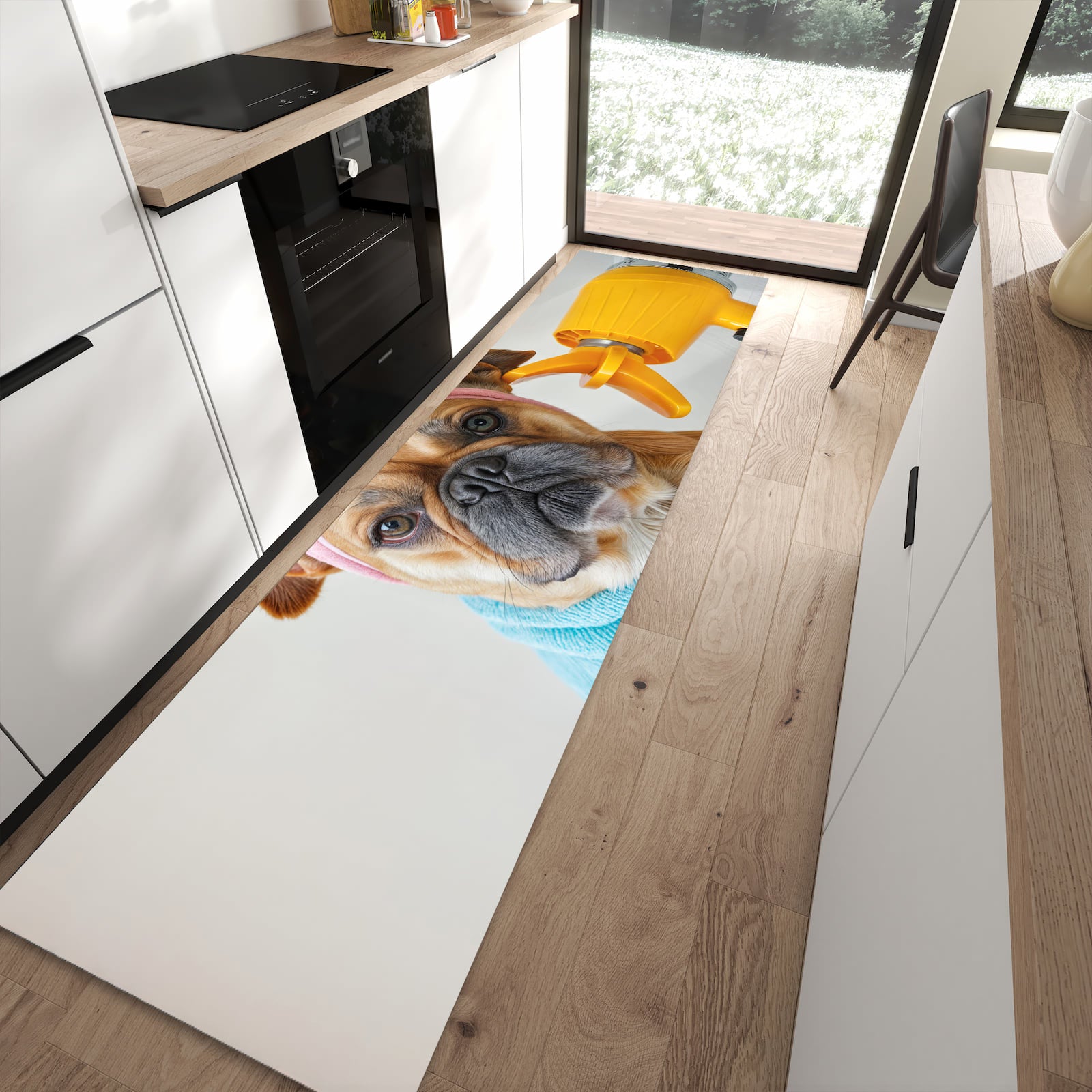 Rutschfester waschbarer Küchenteppich mit Motiv Hund mit Badehandtuch in moderner Küche