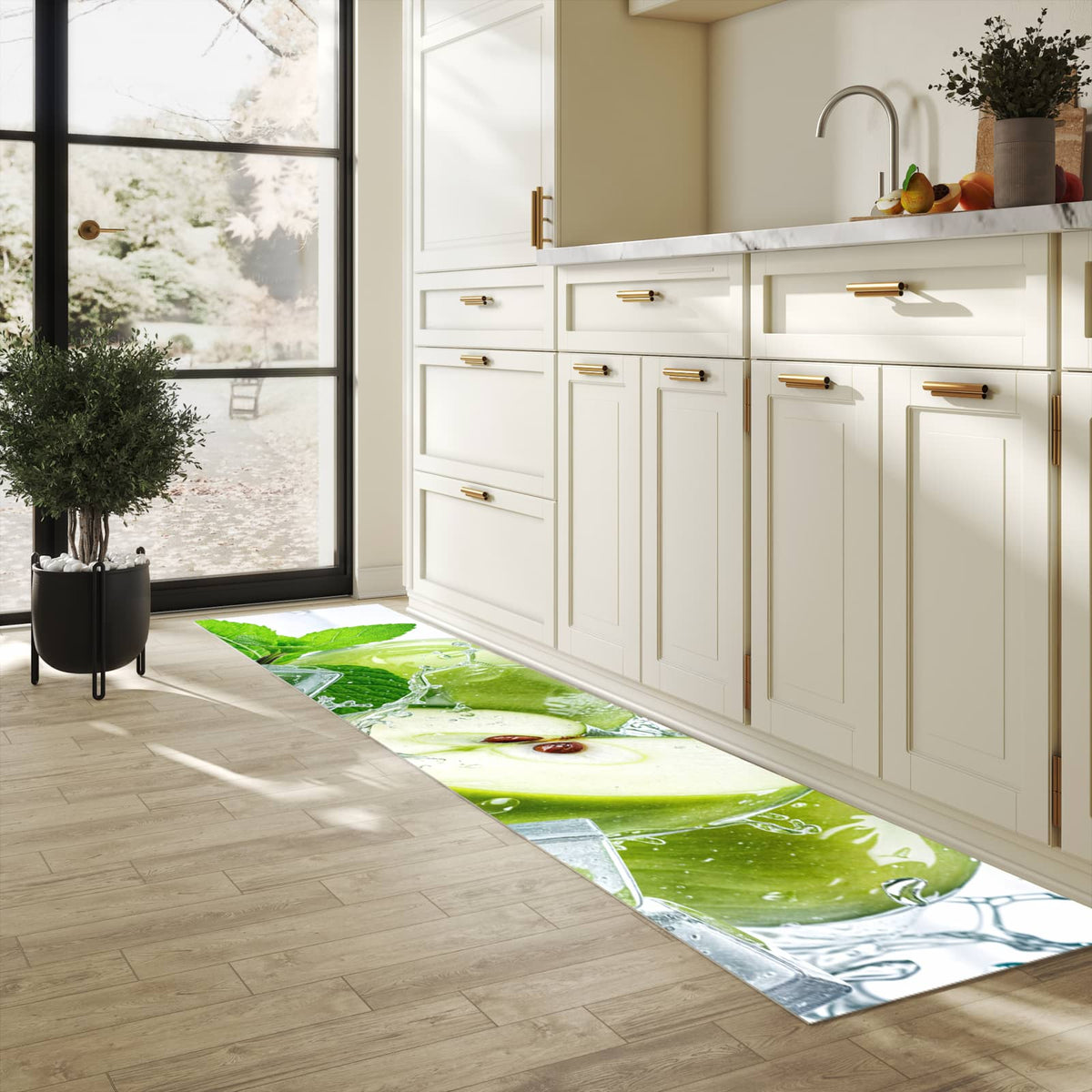 Langlebiger rutschfester Küchenläufer mit Motiv Frische Äpfel Splash in heller Küche