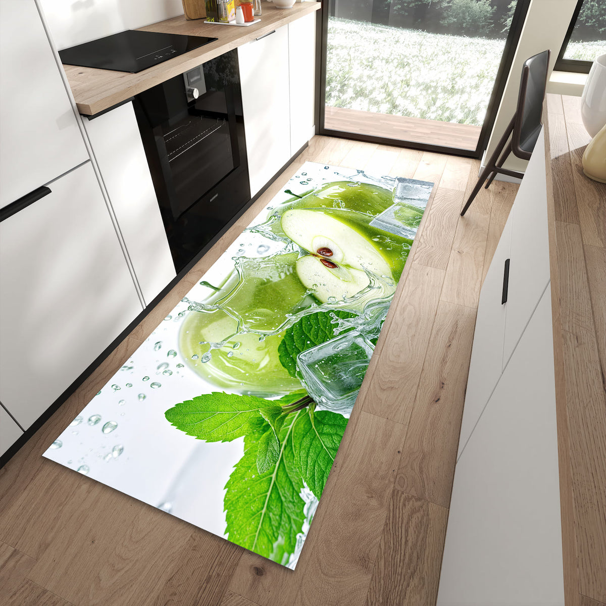 Abriebfester waschbarer Teppich fürs Esszimmer mit Motiv Frische Äpfel Splash in moderner Küche