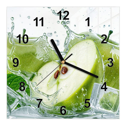 Wanduhr Quadratisch mit dem Motiv Grüne Äpfel mit Eis