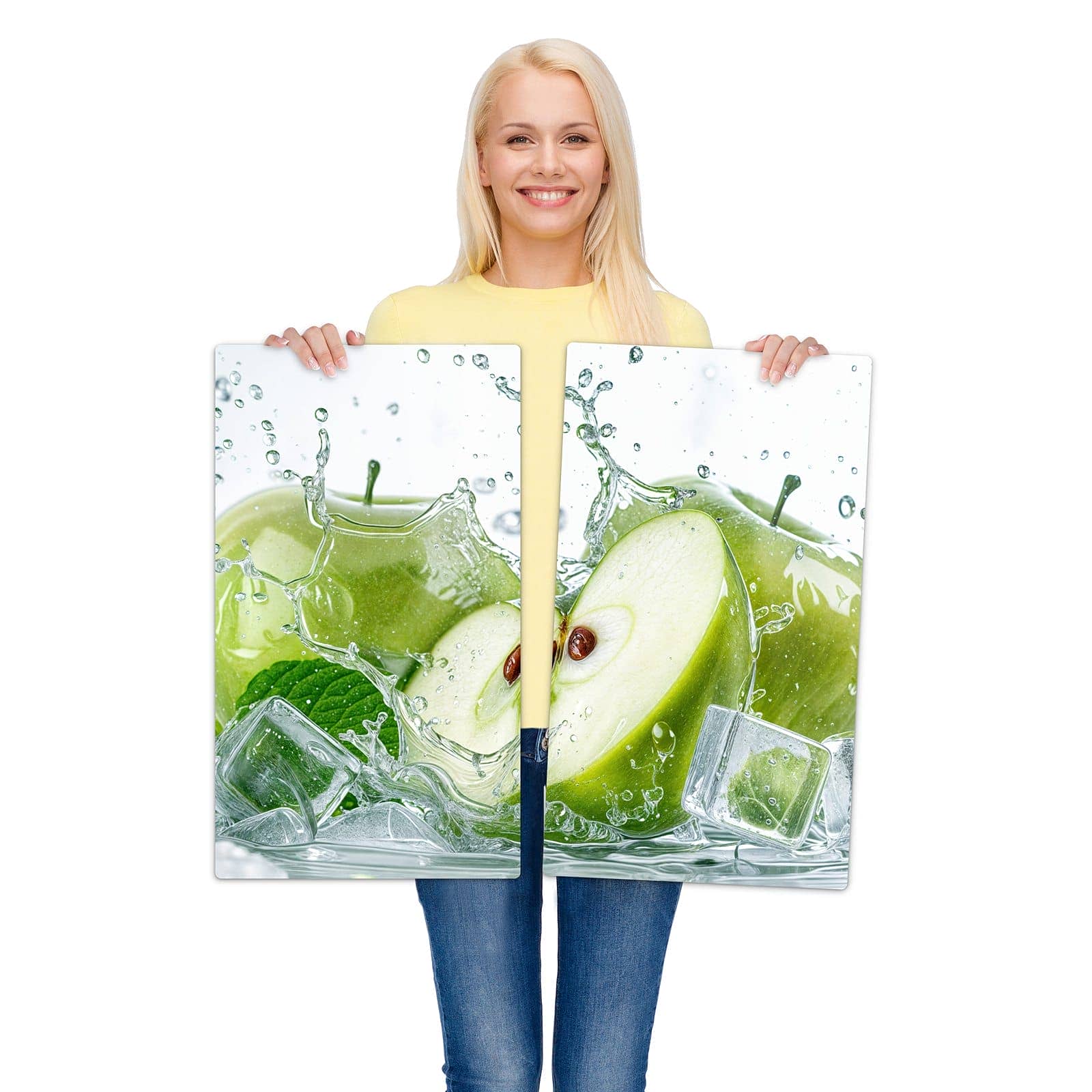 2-teilige Herdabdeckplatten aus Glas mit Frische Äpfel Splash-Motiv wird zur Größendarstellung gehalten