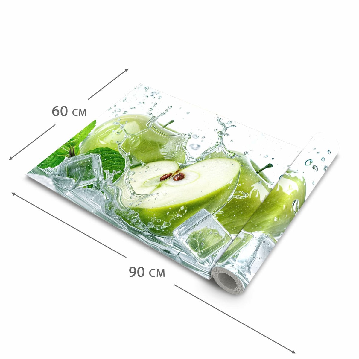 Küchenteppich mit Motiv Frische Äpfel Splash in der Grösse 90x180 cm für angenehme Haptik