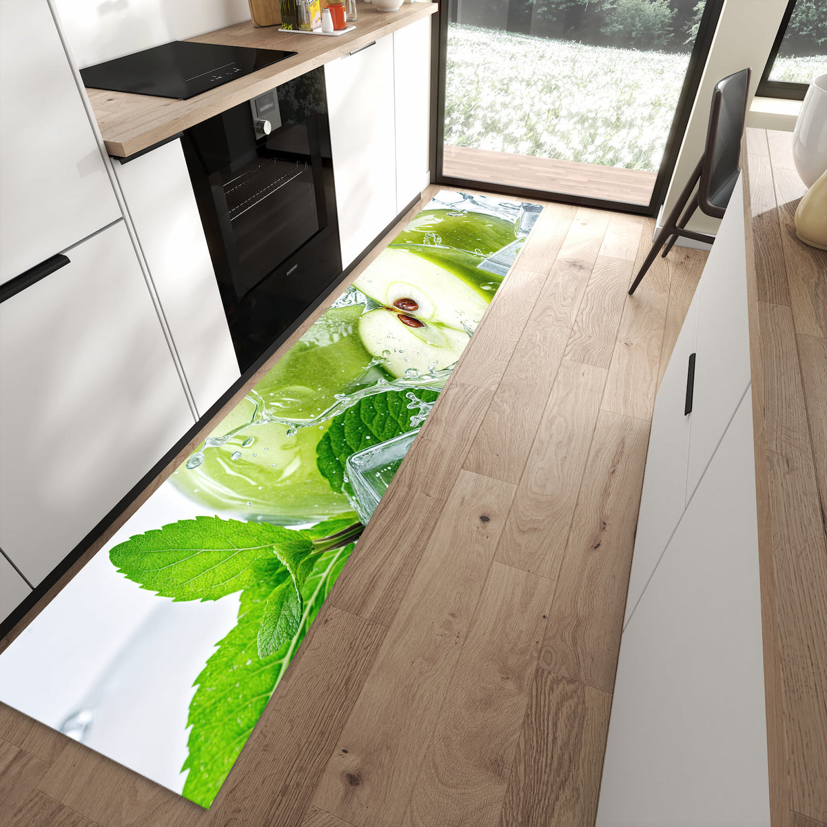 Waschbarer Küchenläufer mit Motiv Frische Äpfel Splash für Ordnung in moderner Küche