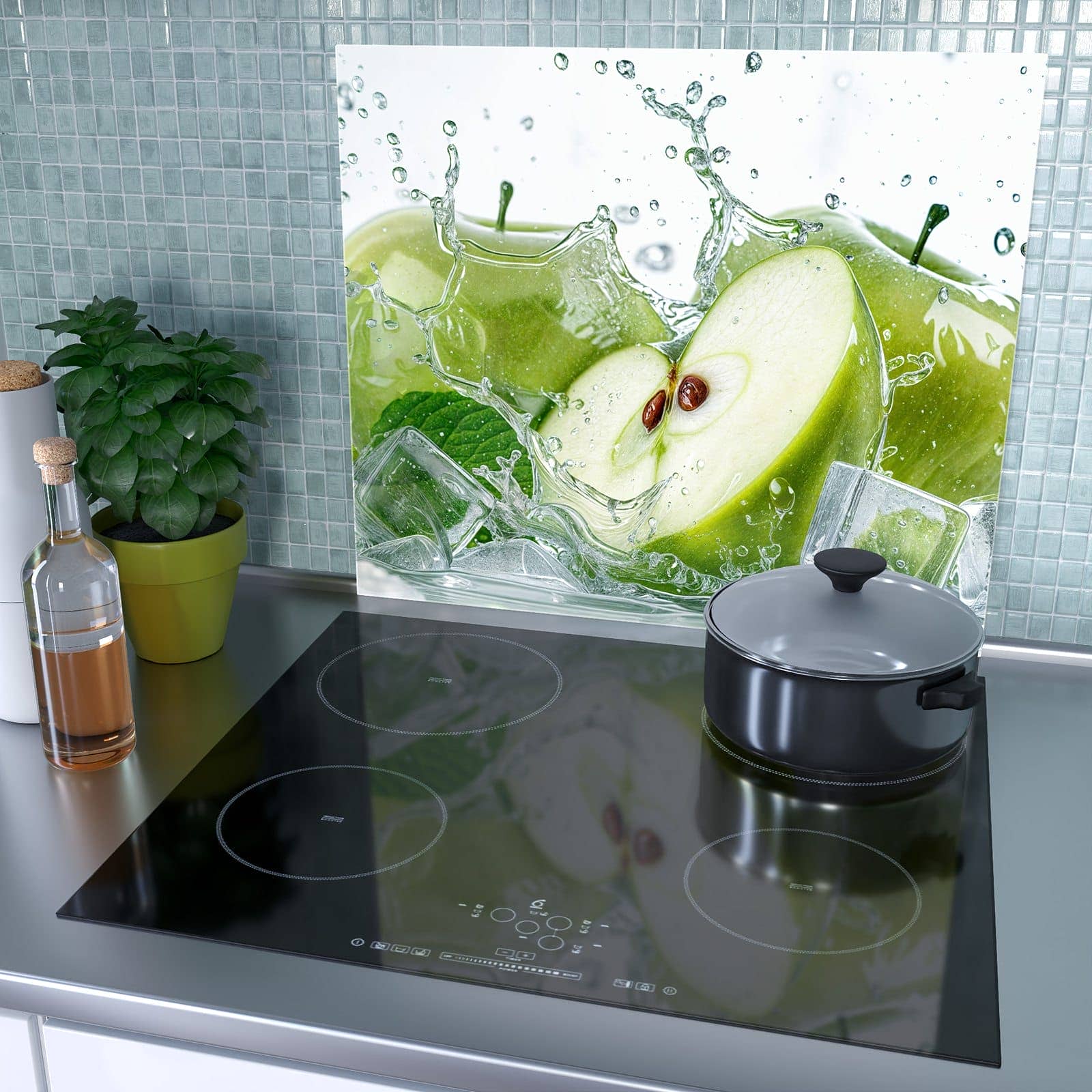 1-teilige Abdeckung für Herdplatten mit Frische Äpfel Splash-Motiv als Spritzschutz hinter dem Kochfeld