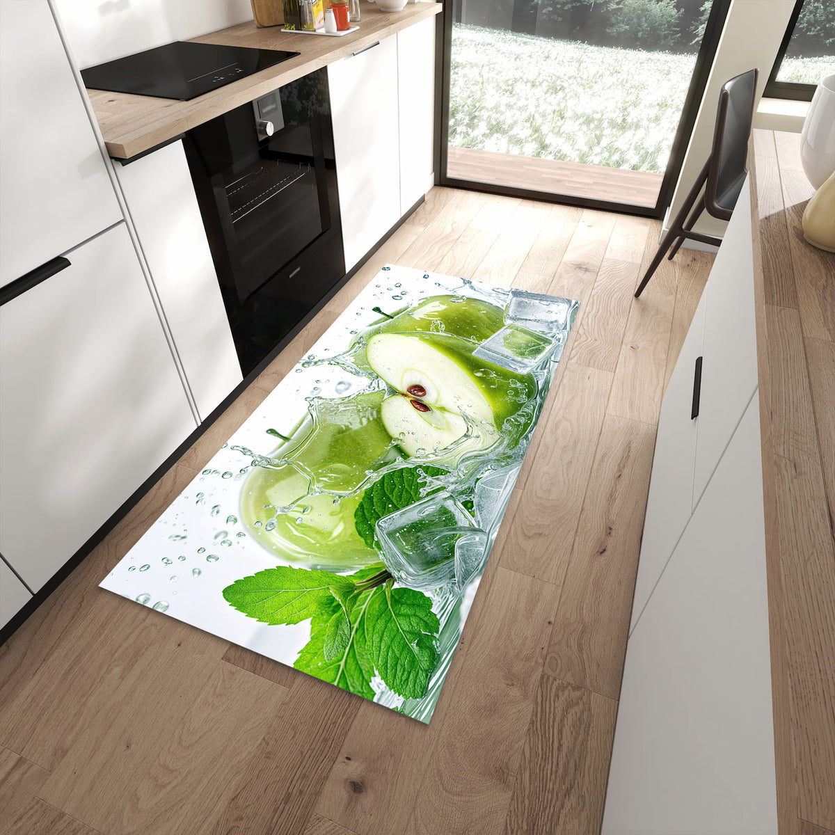 Geräuschdämpfender dünner Küchenteppich mit Motiv Frische Äpfel Splash in moderner Küche