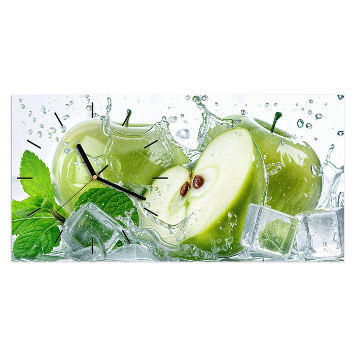 Wanduhr Frische Äpfel Splash aus Glas – Querformat 60 × 30 cm mit Ziffernblatt Linie