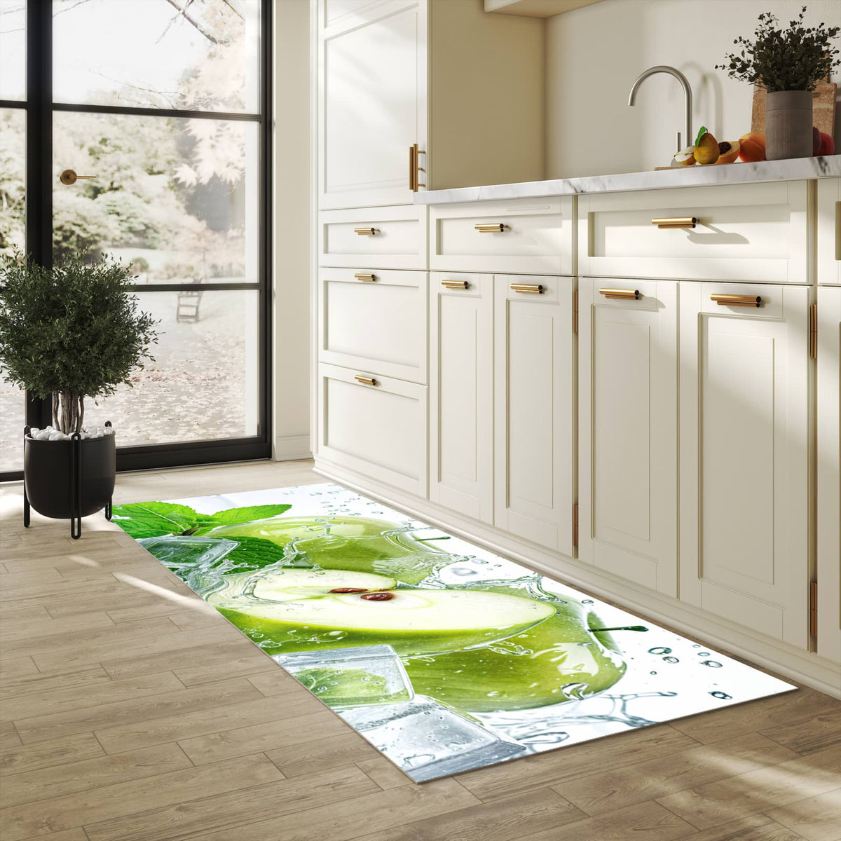 Hygienischer moderner Küchenläufer mit Motiv Frische Äpfel Splash in heller Küche