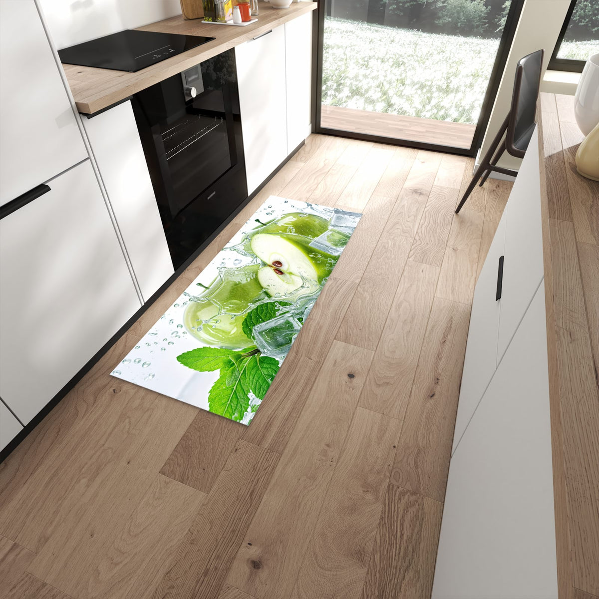 Langlebiger Küchenläufer mit Motiv Frische Äpfel Splash in moderner Küche #grösse_60 x 150 cm