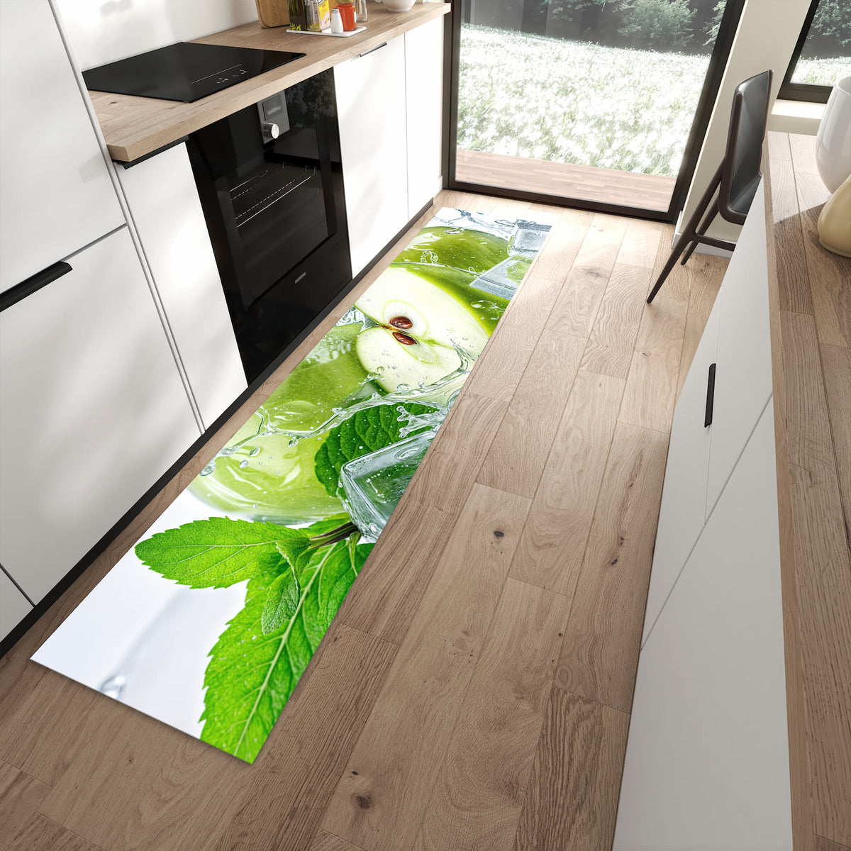 Bodenschonender waschbarer Läufer für die Küche mit Motiv Frische Äpfel Splash in moderner Küche
