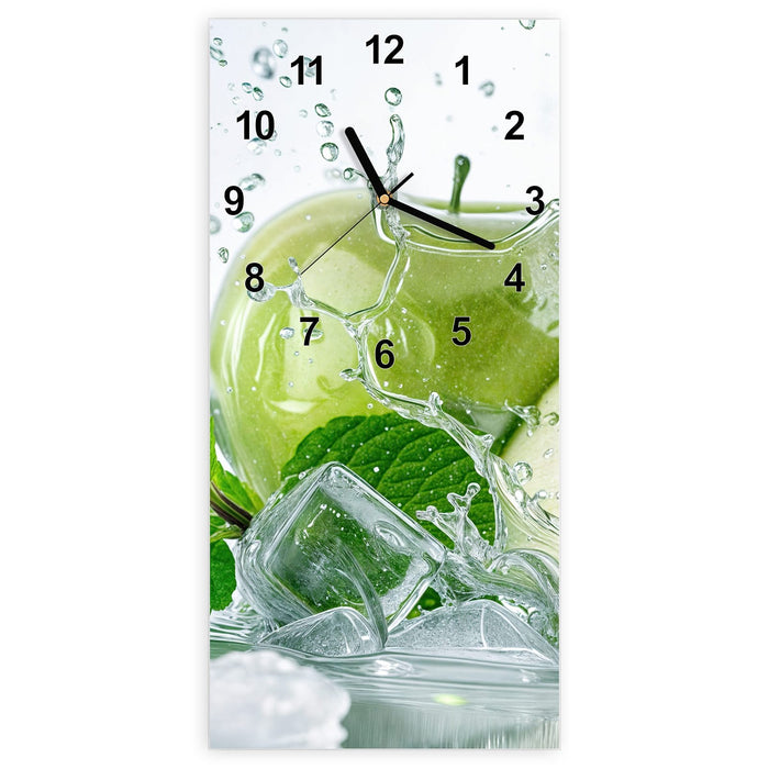 Wanduhr Frische Äpfel Splash aus Glas – Hochformat 30 × 60 cm mit Ziffernblatt Modern