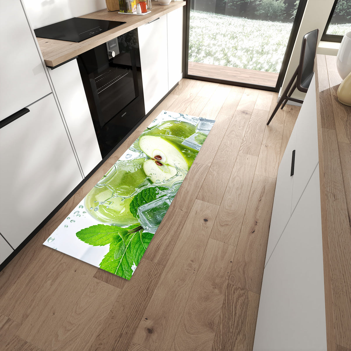 Rutschfester Küchenläufer mit Motiv Frische Äpfel Splash in moderner Küche