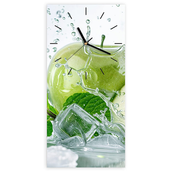 Wanduhr Frische Äpfel Splash aus Glas – Hochformat 30 × 60 cm mit Ziffernblatt Linie