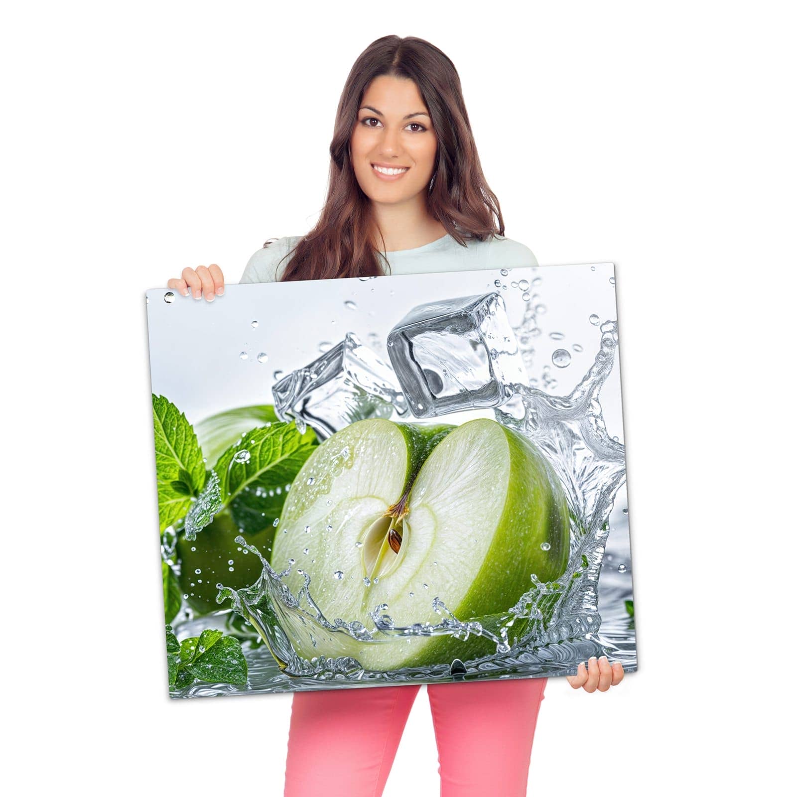 Herdabdeckplatte mit Spritzender Apfel Mint-Motiv wird zur Größendarstellung gehalten