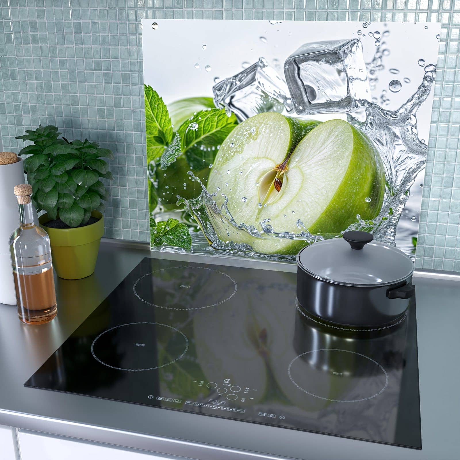 1-teilige Herdabdeckplatte mit Spritzender Apfel Mint-Motiv als Spritzschutz hinter dem Kochfeld
