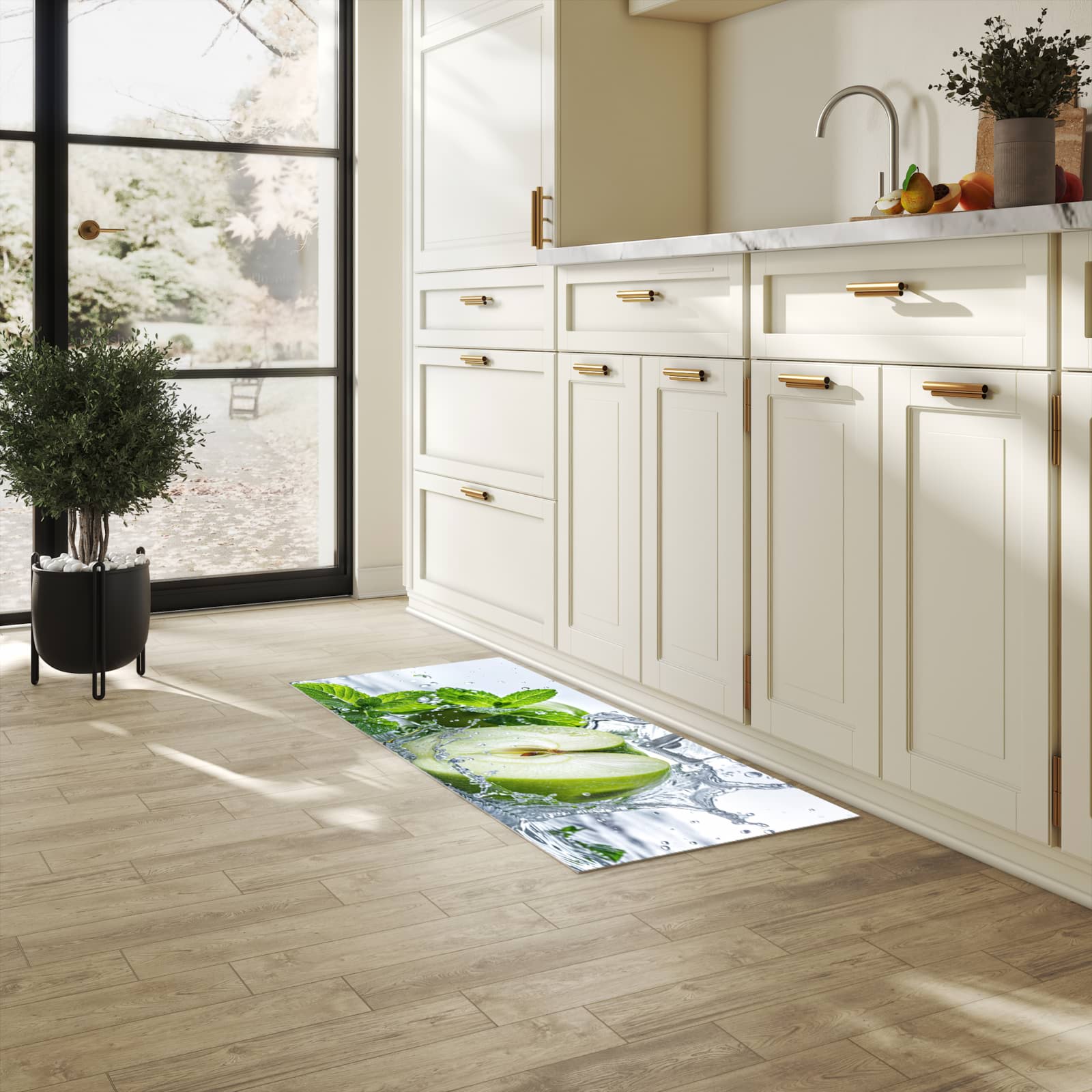 Rutschfester Küchenteppich mit Motiv Spritzender Apfel Mint in heller Küche