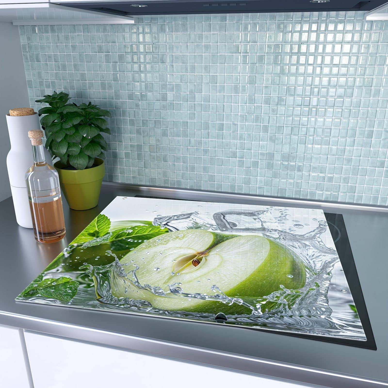 1-teilige Herdabdeckplatten für den Herd mit Spritzender Apfel Mint-Motiv auf dem Ceranfeld