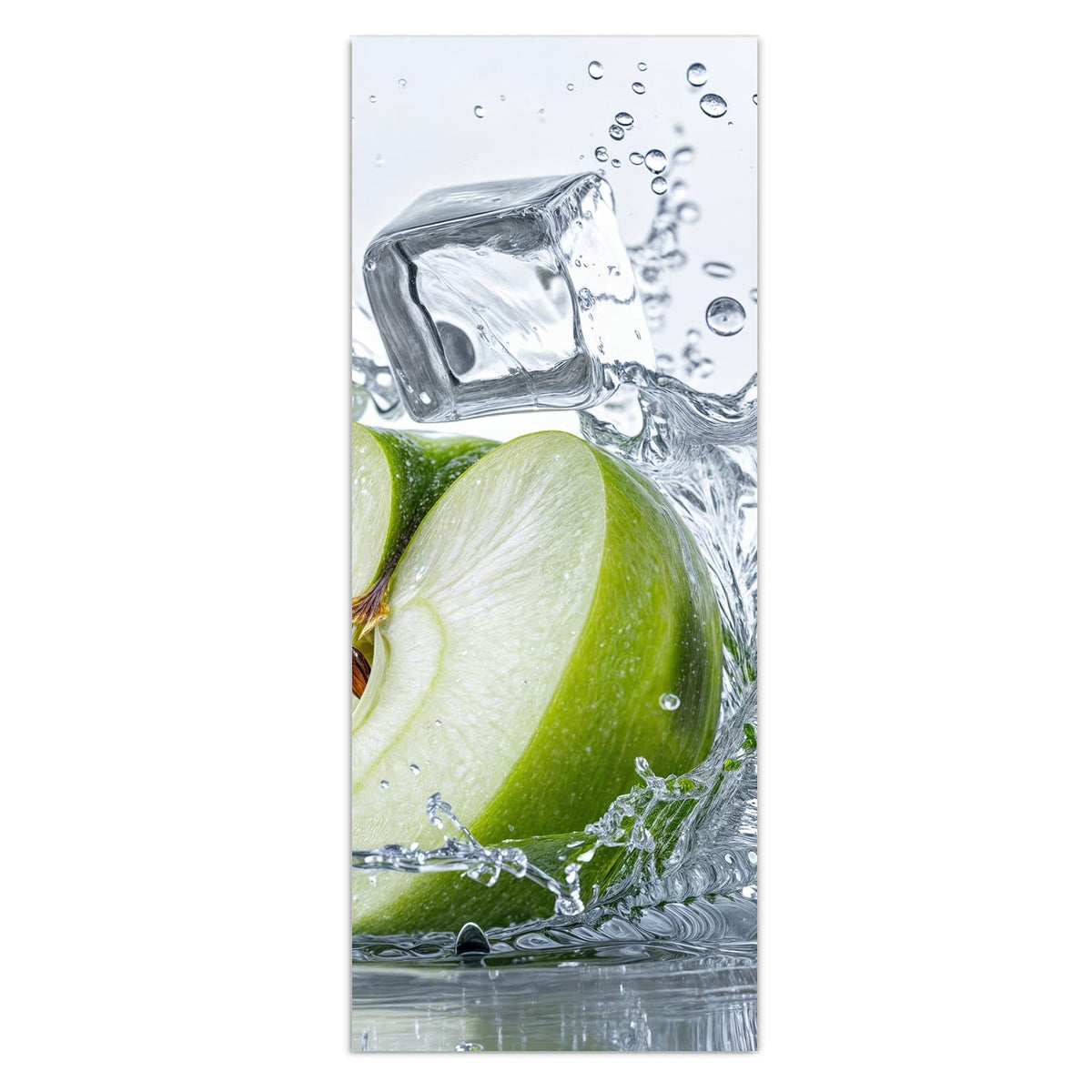 Wandbild - Grüner Apfel mit Minze - Hochformat – Halbierter Apfel im klaren Wasser