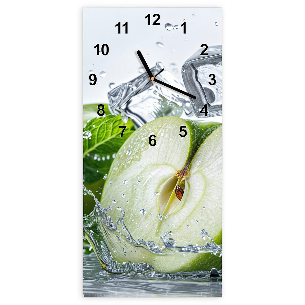 Wanduhr aus Glas, Ziffernblatt Modern: Halbierter grüner Apfel im Wasserspritzer mit Eiswürfeln und Minzblättern
