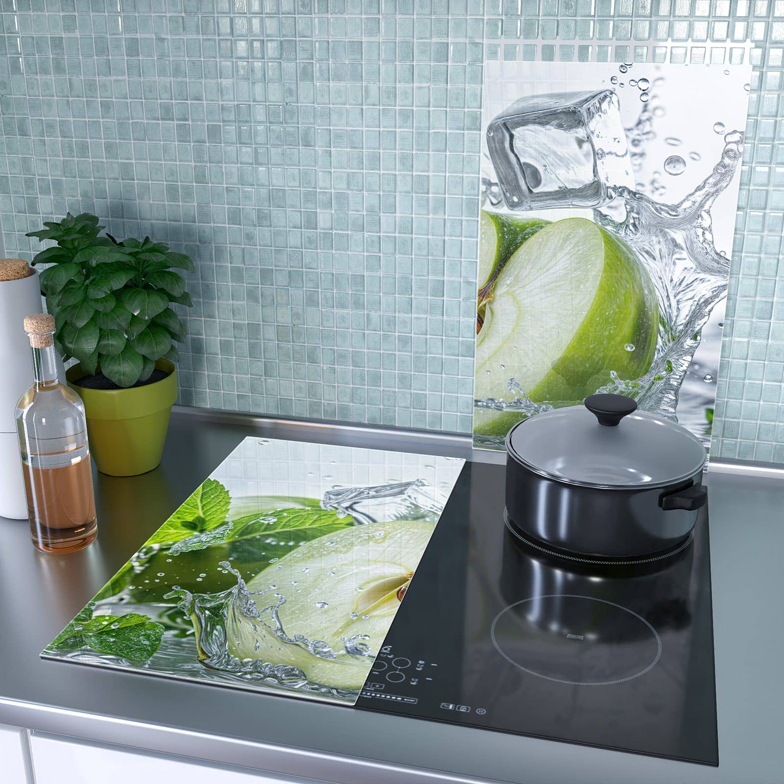 2-teilige Herdabdeckplatten für Ceranfeld mit Spritzender Apfel Mint-Motiv als Spritzschutz hinter dem Kochfeld