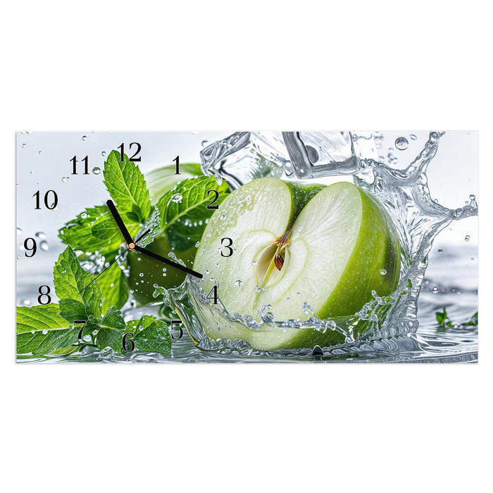 Wanduhr Spritzender Apfel Mint aus Glas – Querformat 60 × 30 cm mit Ziffernblatt Klassisch